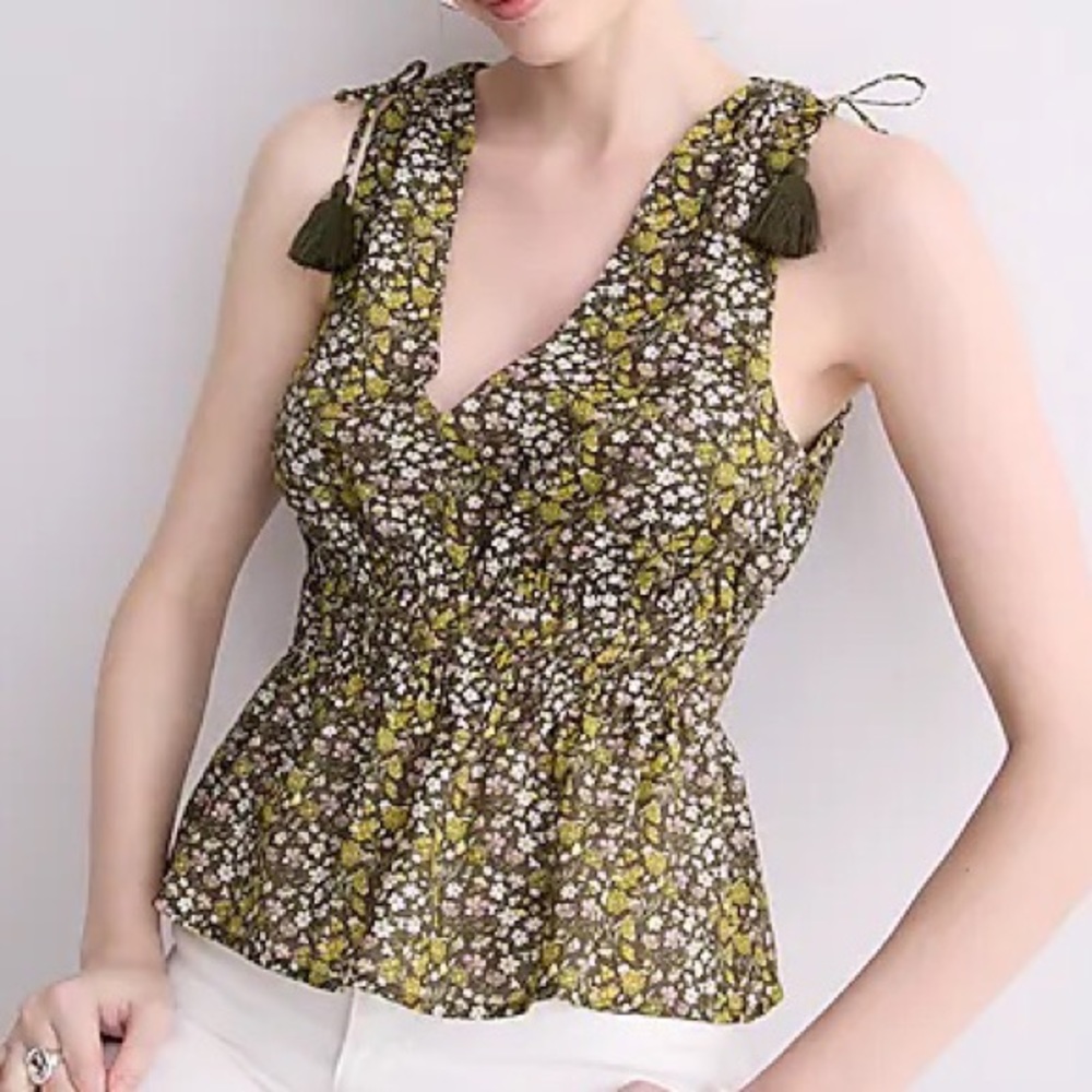 J Crew sleeveless V-neck floral‎ cotton voile top elastic waist tassel detail